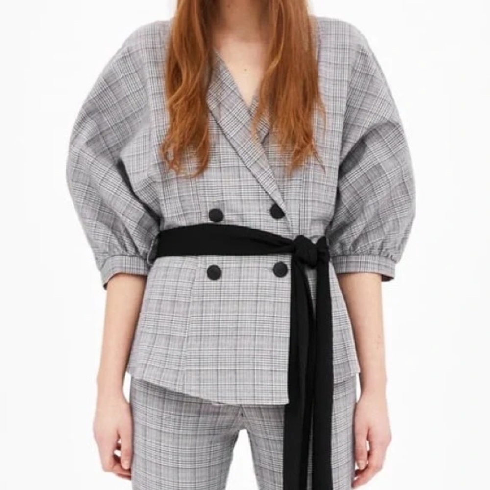 Zara L Checked Plaid Belted Puff Sleeve Double Breasted Jacket Top